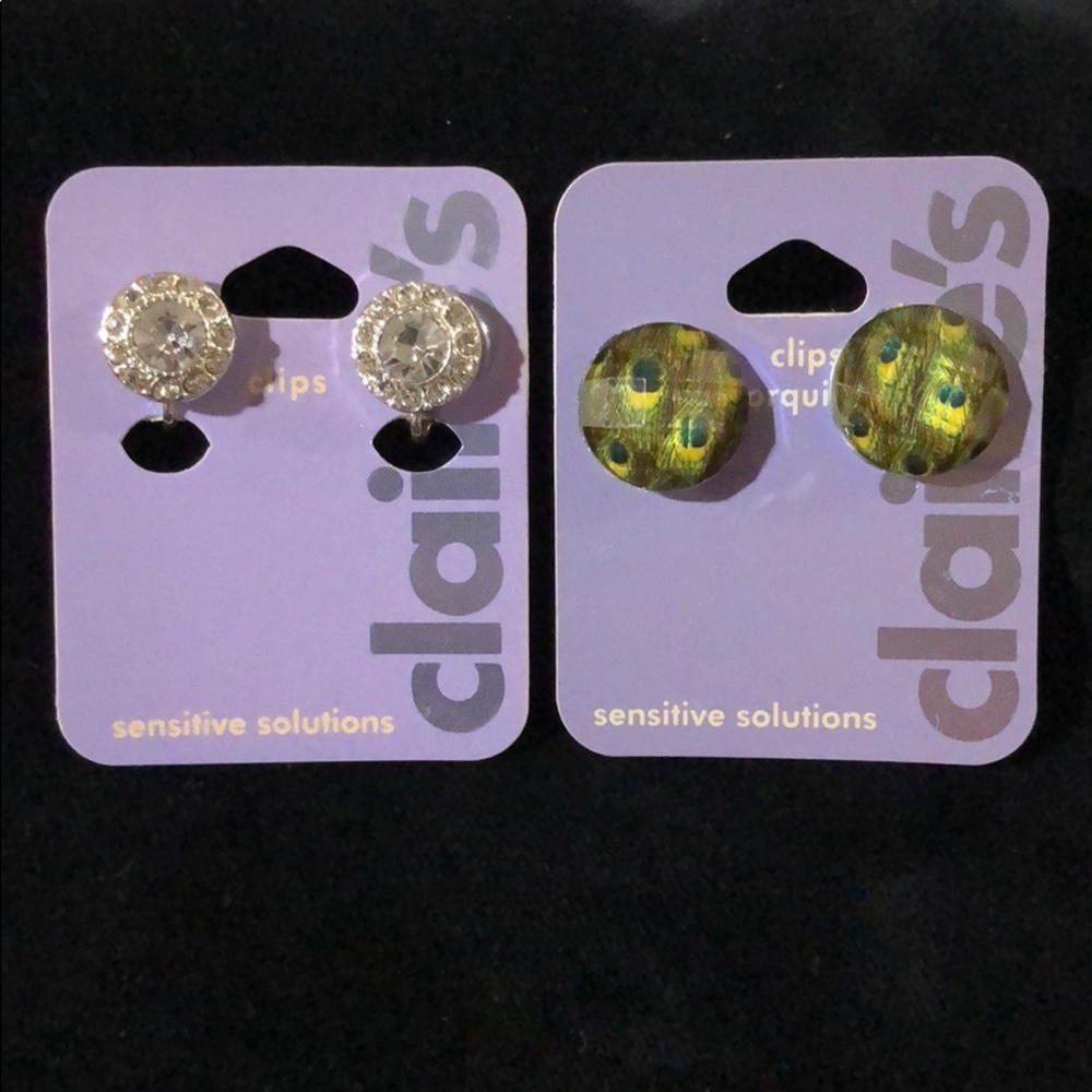 Vintage 2 CLAIRE’S Clip Earrings Rhinestone, Peacock Jewel New Bling Sparkle